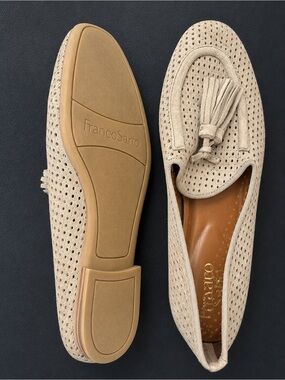 Franco Sarto Perforated Tassel Loafers in Light Beige Suede